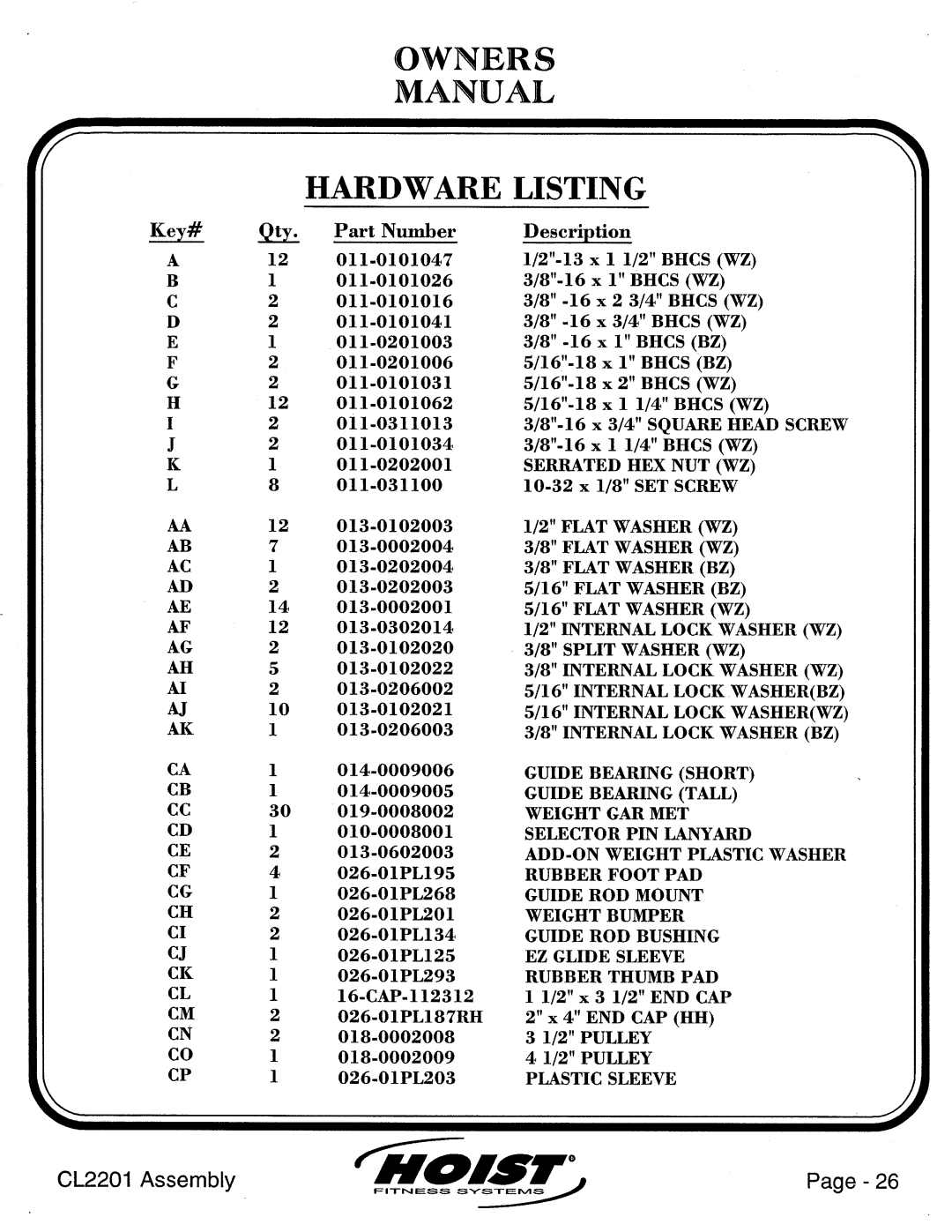 Hoist Fitness CL2201 manual 