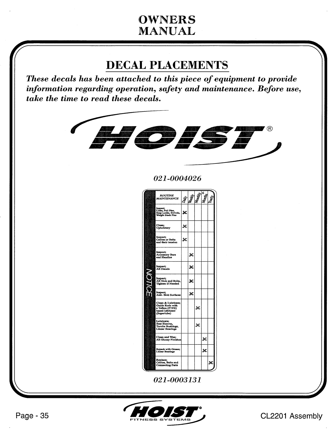 Hoist Fitness CL2201 manual 