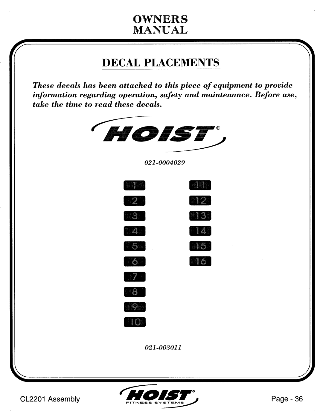 Hoist Fitness CL2201 manual 