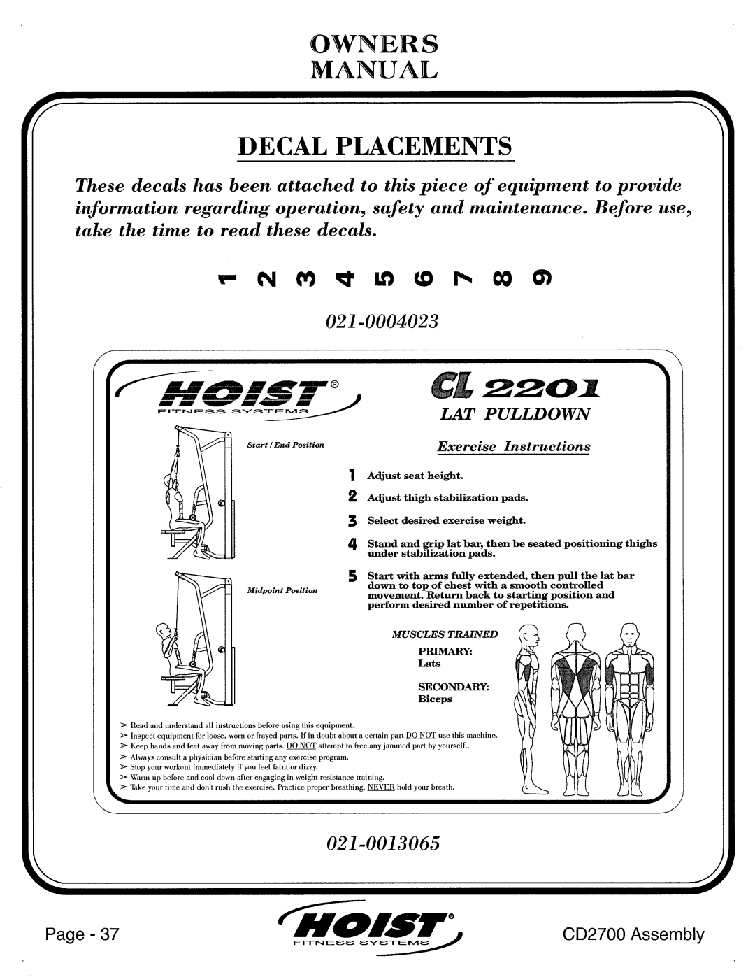 Hoist Fitness CL2201 manual 