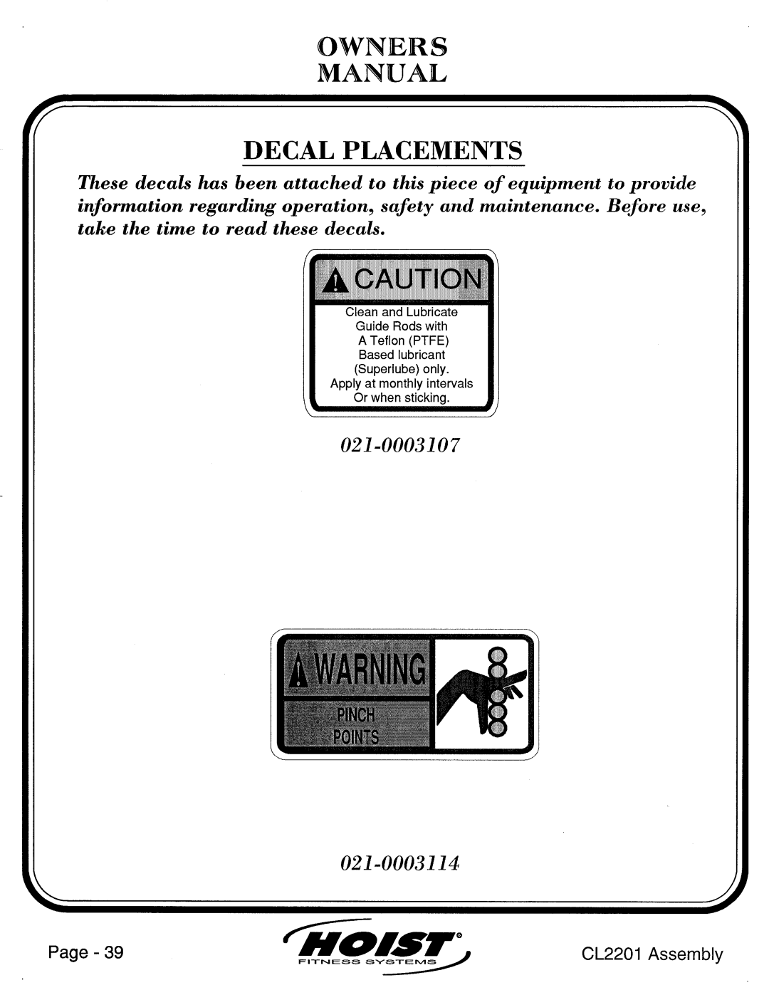 Hoist Fitness CL2201 manual 