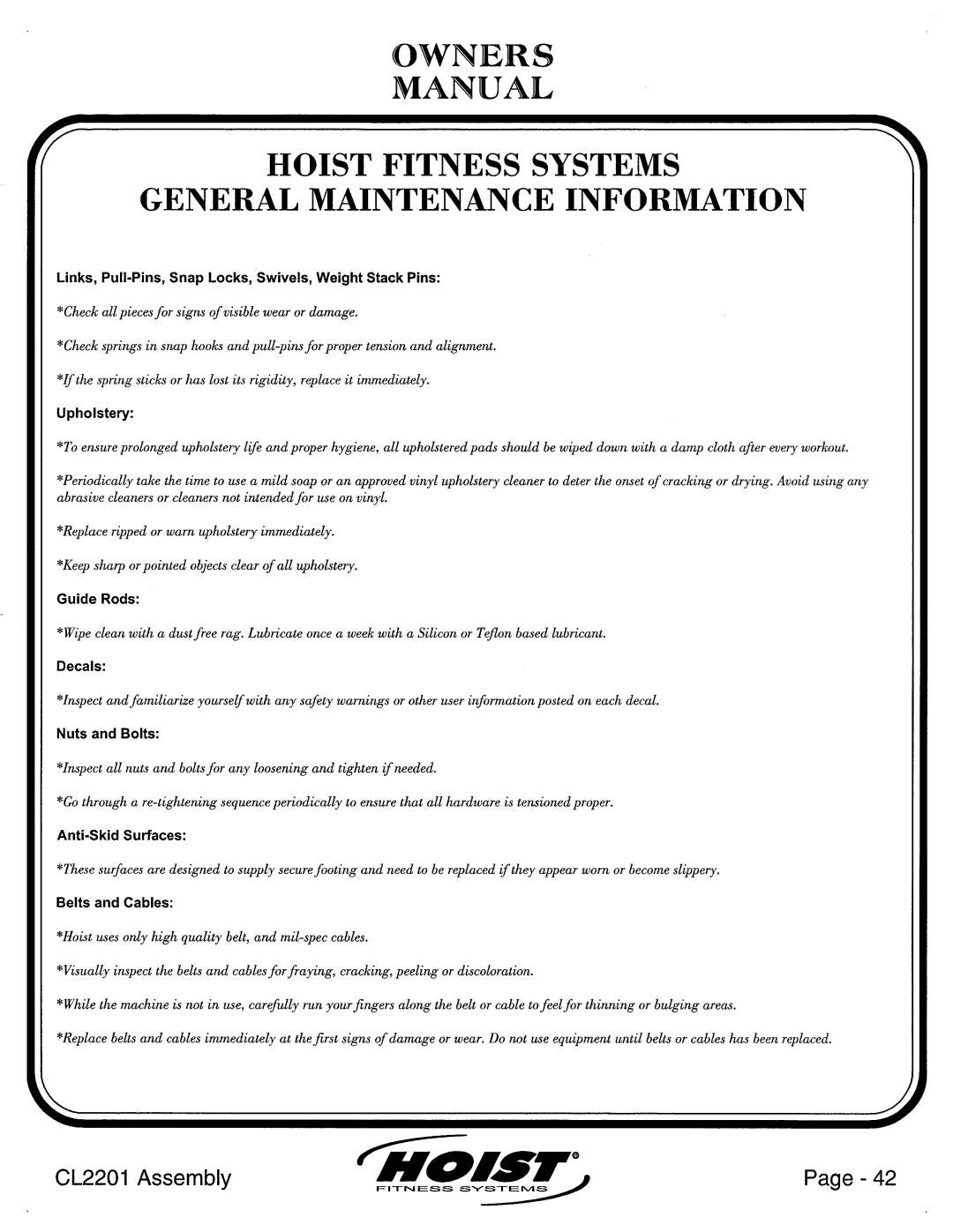 Hoist Fitness CL2201 manual 