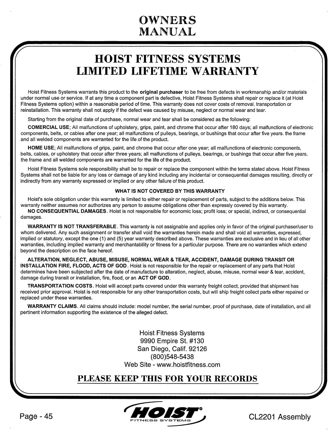 Hoist Fitness CL2201 manual 