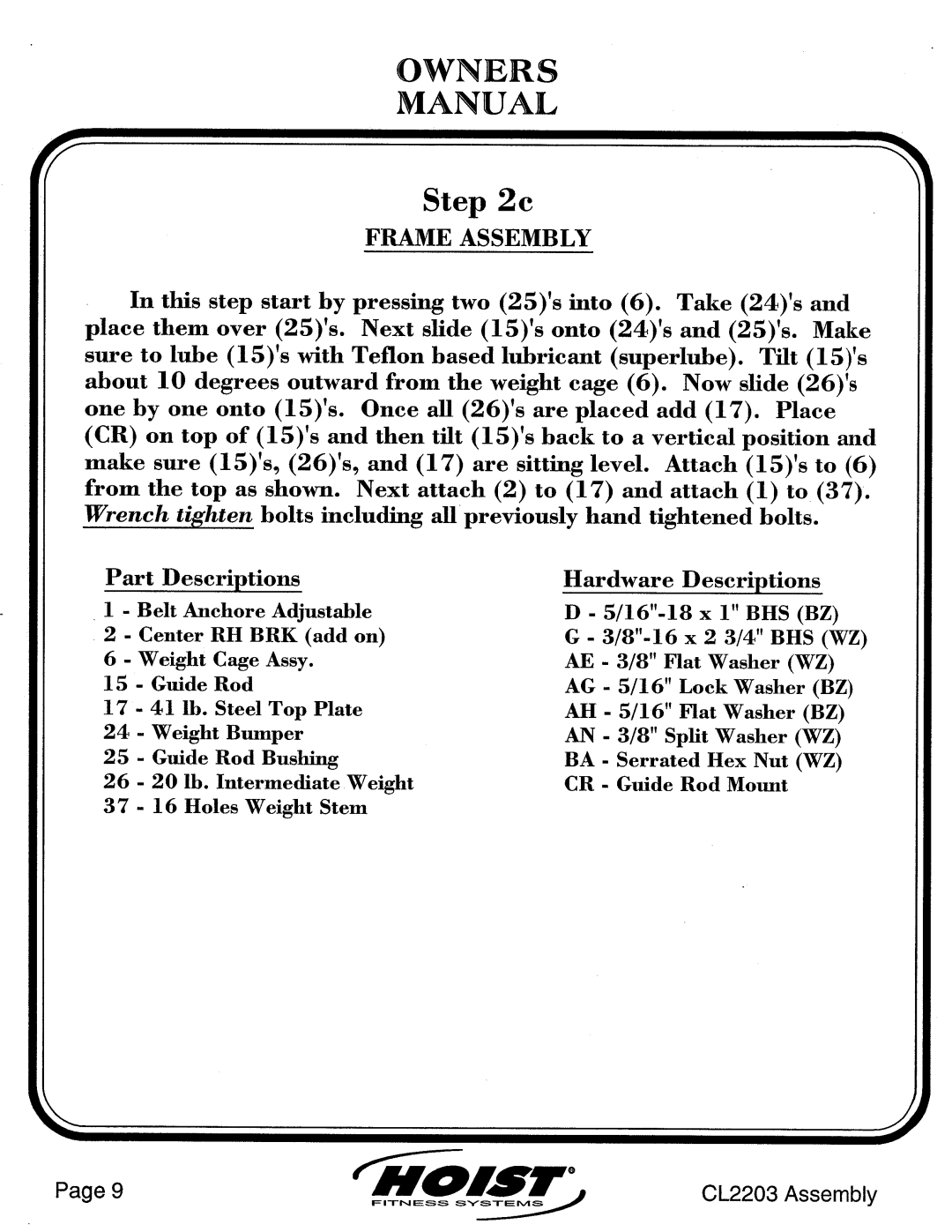 Hoist Fitness CL2203 manual 
