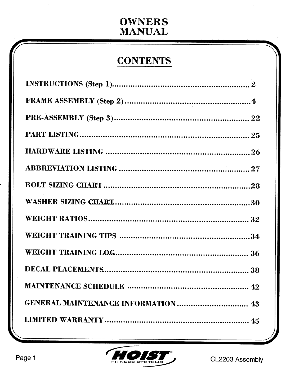 Hoist Fitness CL2203 manual 