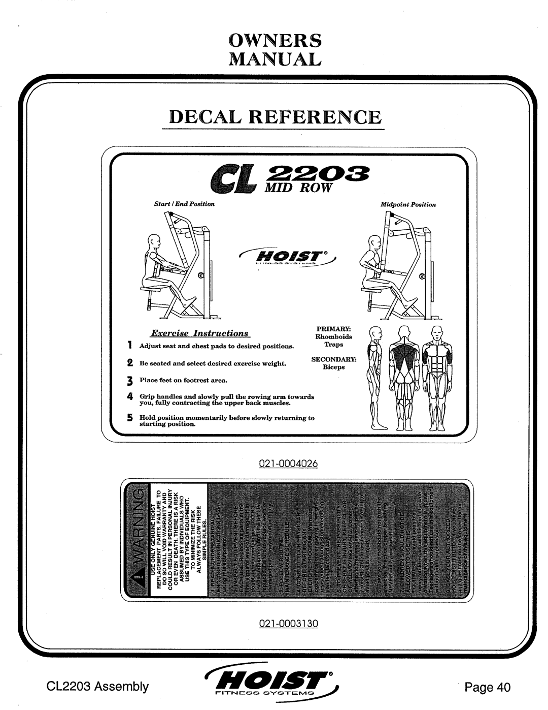 Hoist Fitness CL2203 manual 