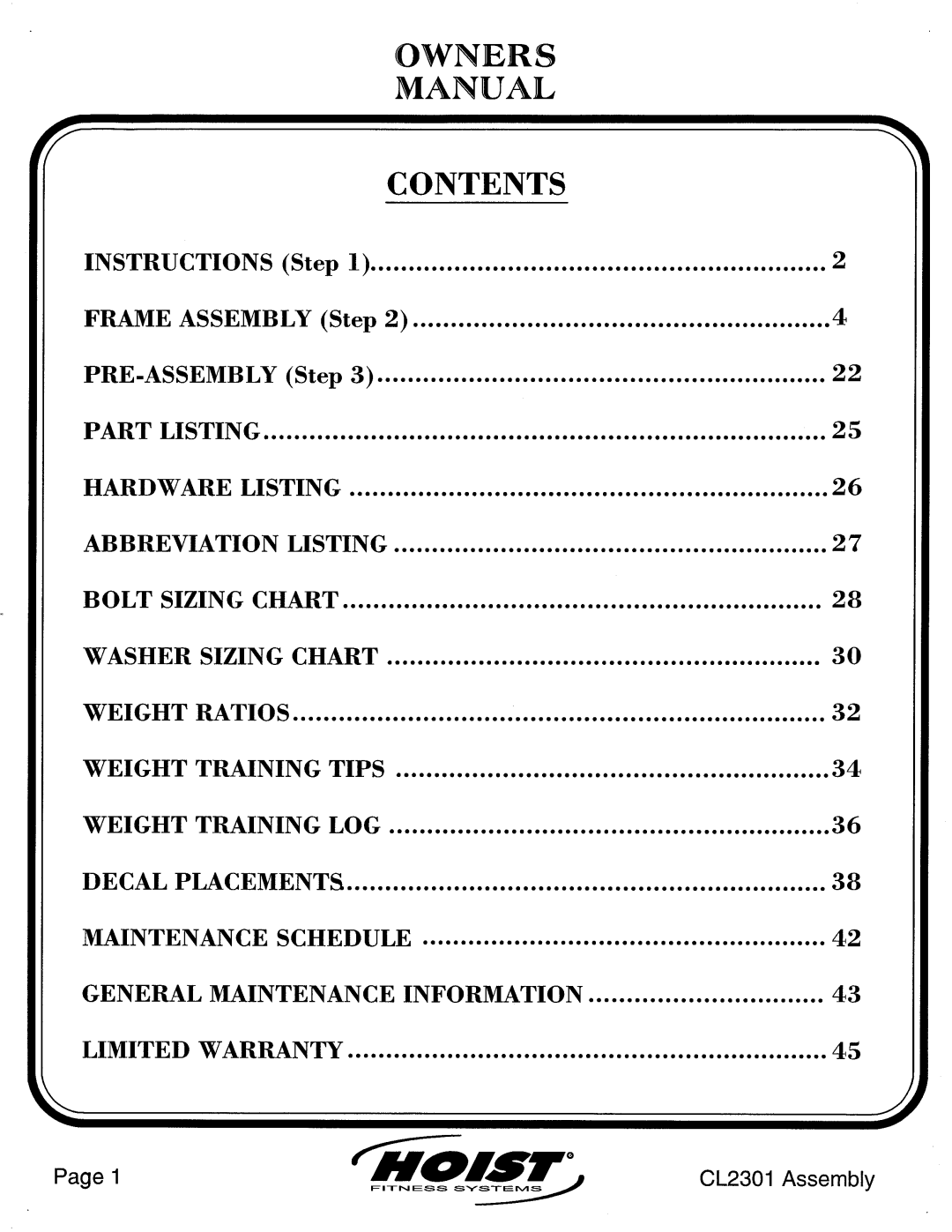 Hoist Fitness CL2301 manual 