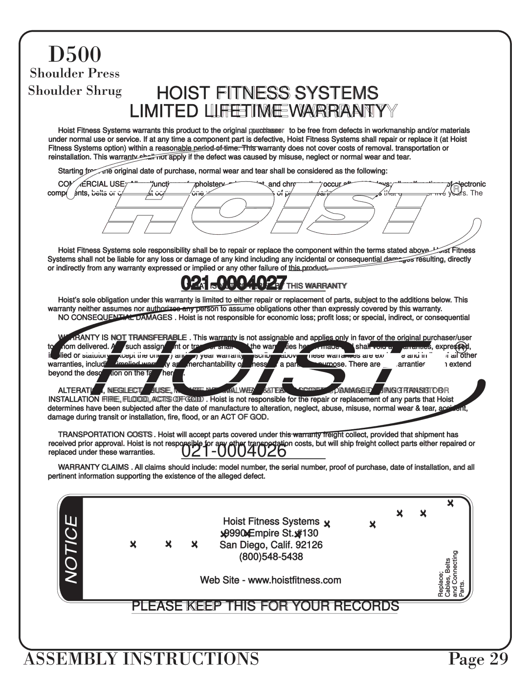 Hoist Fitness dual500 manual Hoist Fitness Systems Limited Lifetime Warranty 