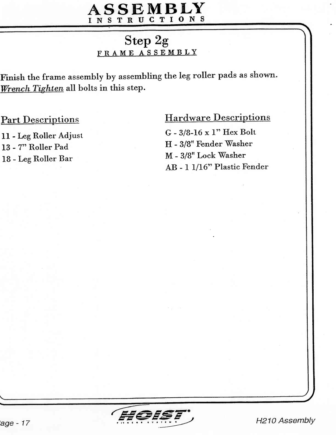 Hoist Fitness H210 manual 