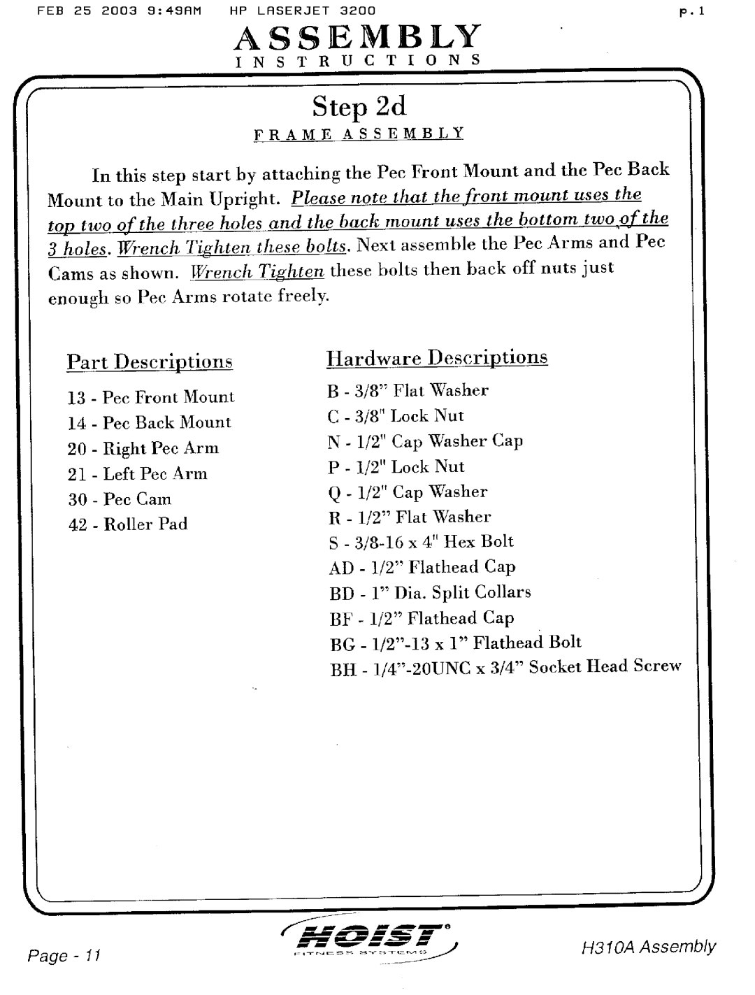 Hoist Fitness H310A manual 