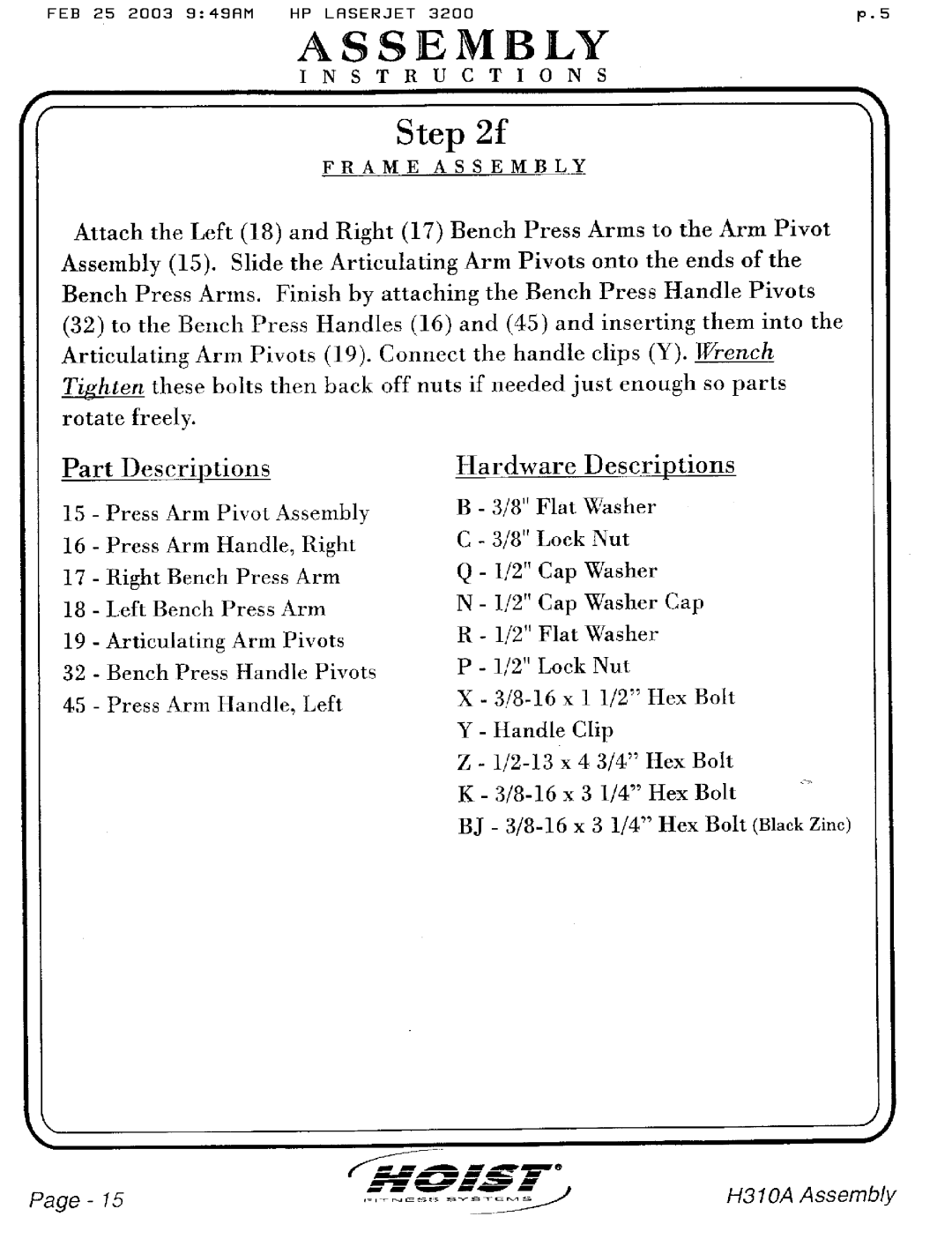 Hoist Fitness H310A manual 