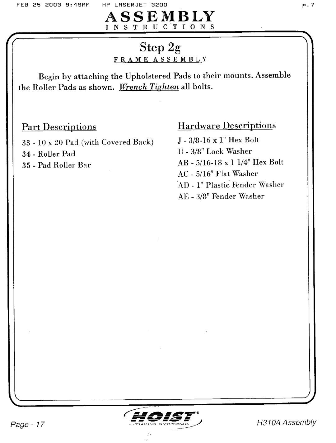 Hoist Fitness H310A manual 