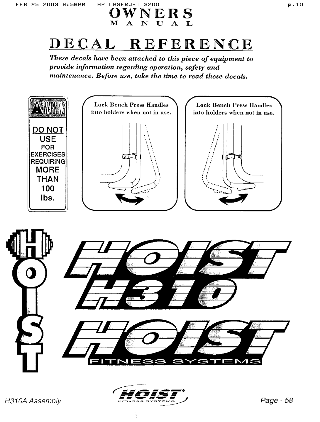 Hoist Fitness H310A manual 