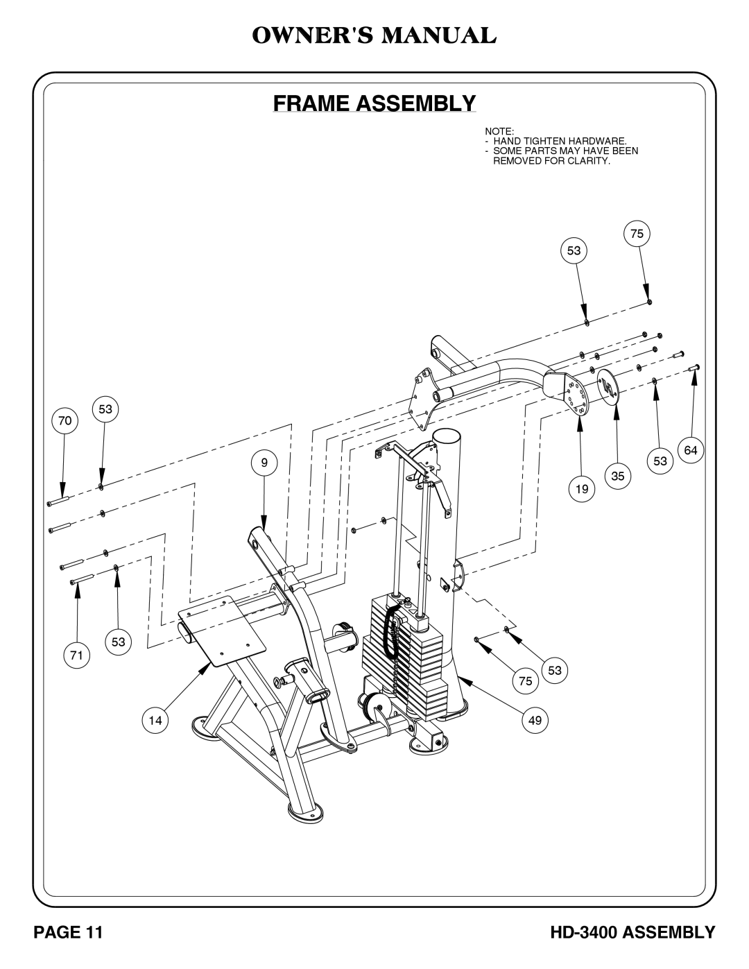 Hoist Fitness hd-3400 owner manual Frame Assembly 