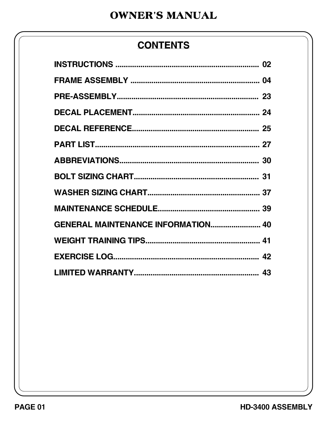 Hoist Fitness hd-3400 owner manual Contents 