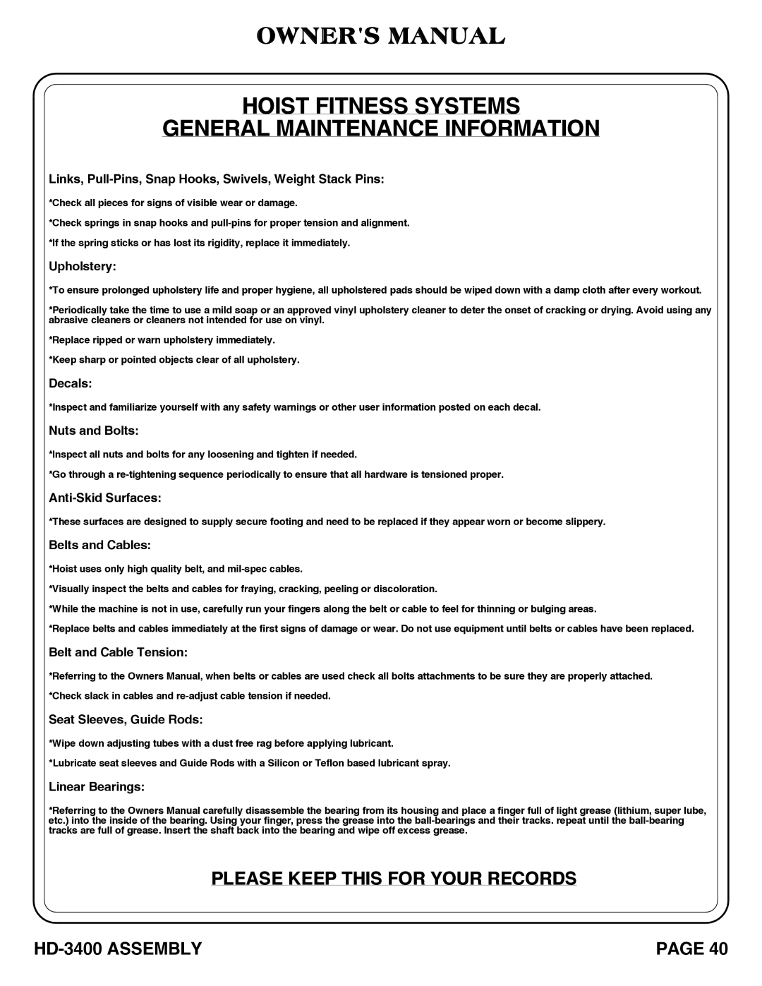 Hoist Fitness hd-3400 owner manual Hoist Fitness Systems General Maintenance Information 