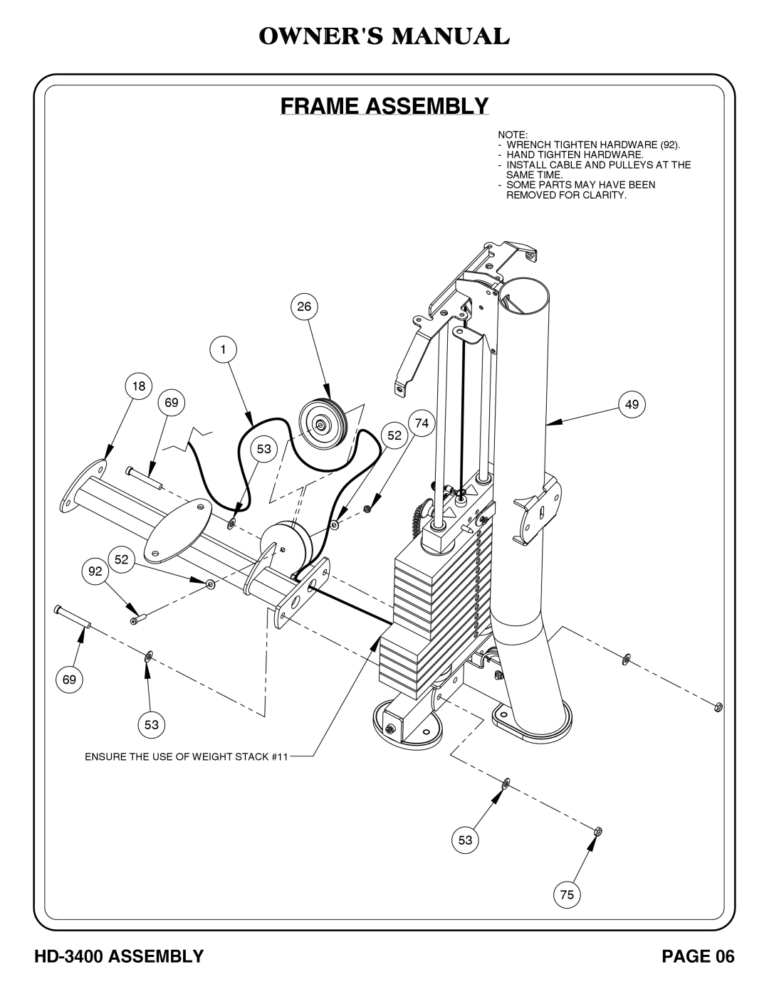 Hoist Fitness hd-3400 owner manual Frame Assembly 