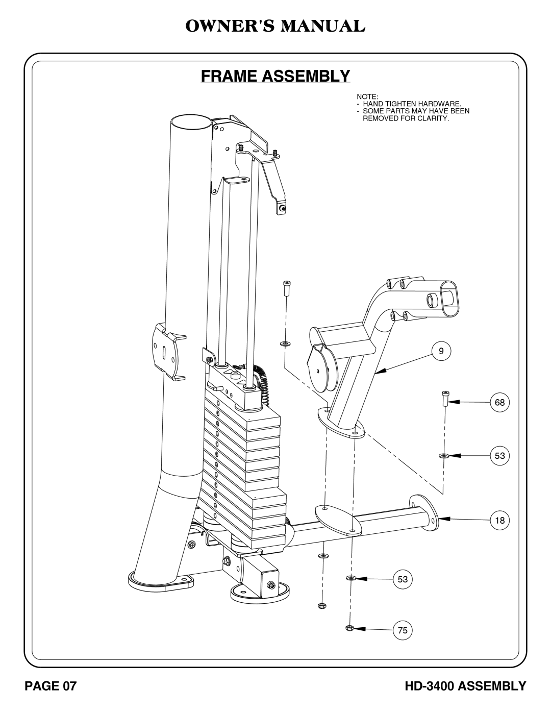 Hoist Fitness hd-3400 owner manual Frame Assembly 