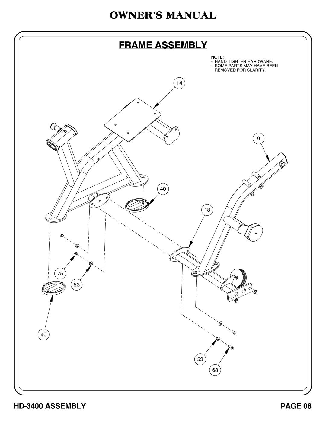 Hoist Fitness hd-3400 owner manual Frame Assembly 