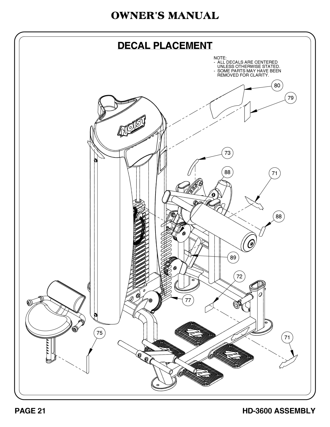 Hoist Fitness HD-3600 owner manual Decal Placement 