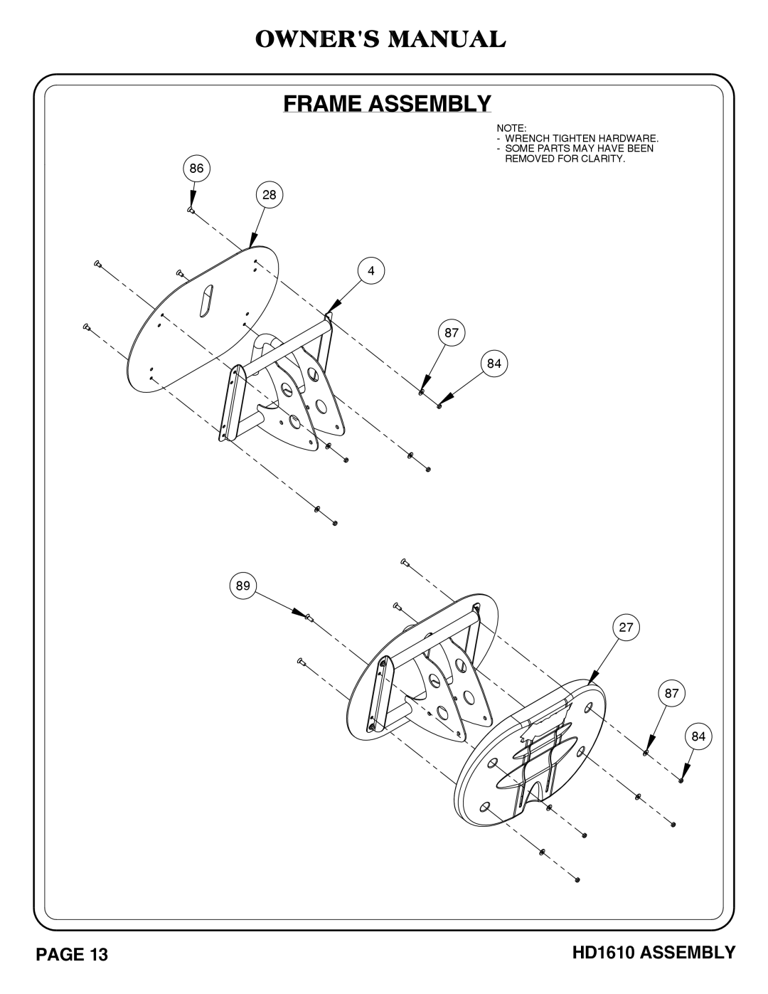 Hoist Fitness HD1610 owner manual Frame Assembly 