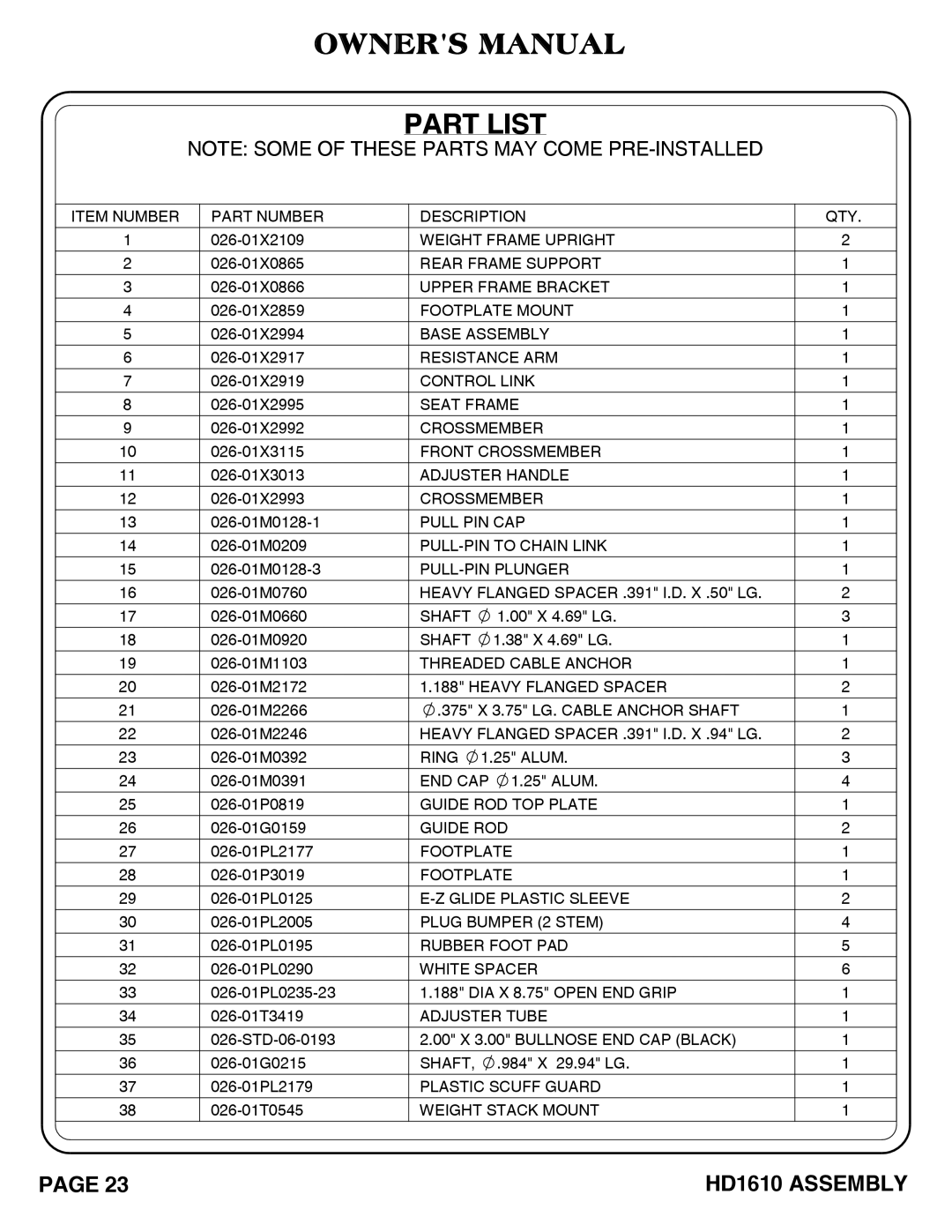 Hoist Fitness HD1610 owner manual Part List 