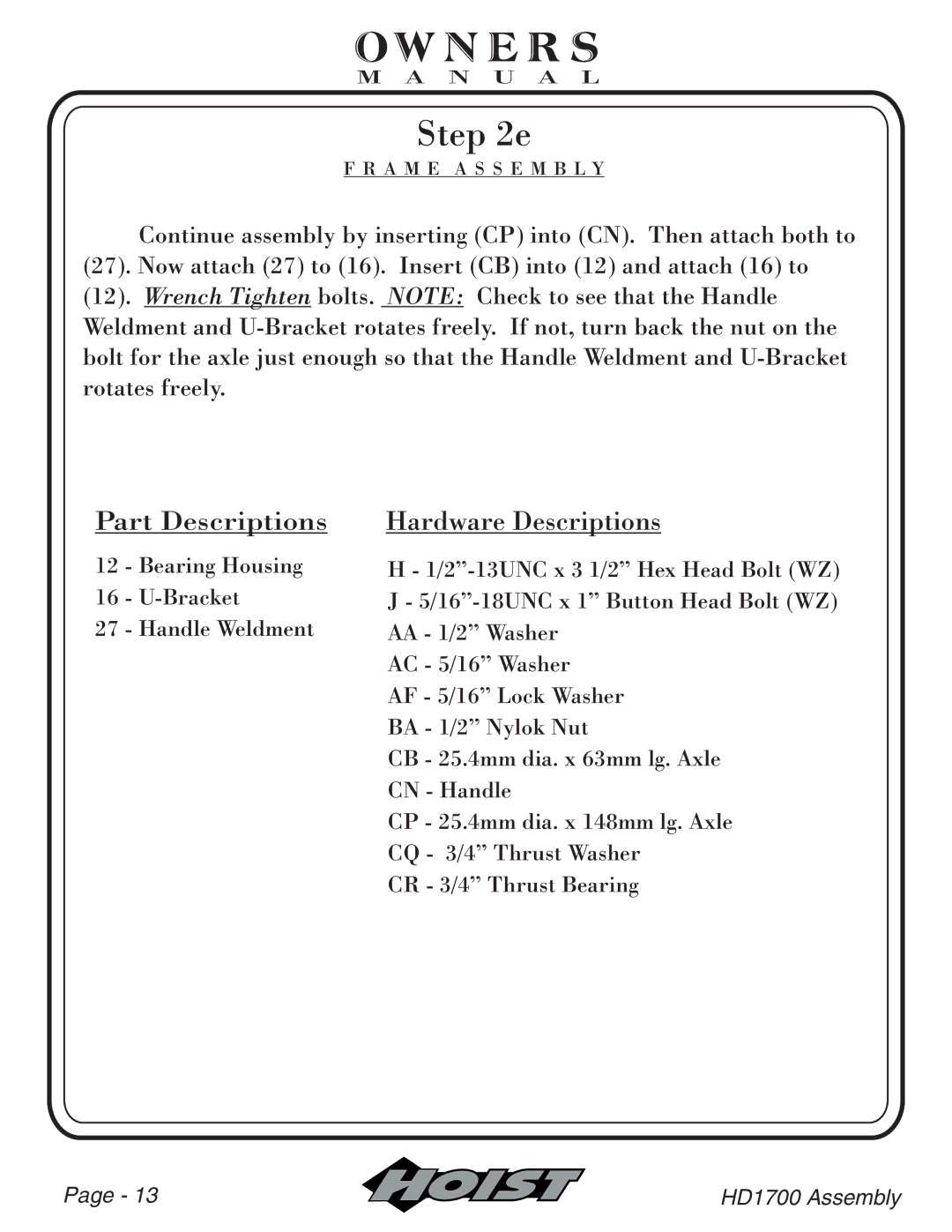Hoist Fitness HD1700 owner manual Bearing Housing Bracket Handle Weldment 