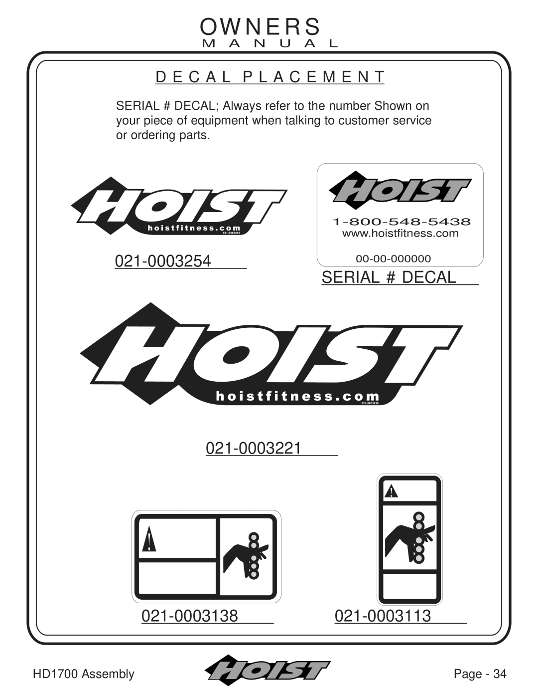 Hoist Fitness HD1700 owner manual Serial # Decal 