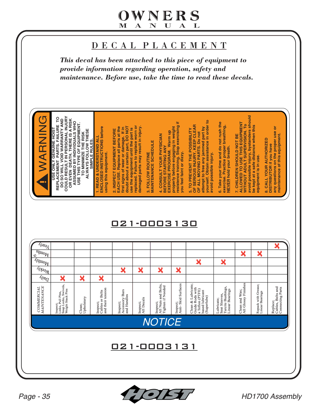 Hoist Fitness HD1700 owner manual 021-0003131 