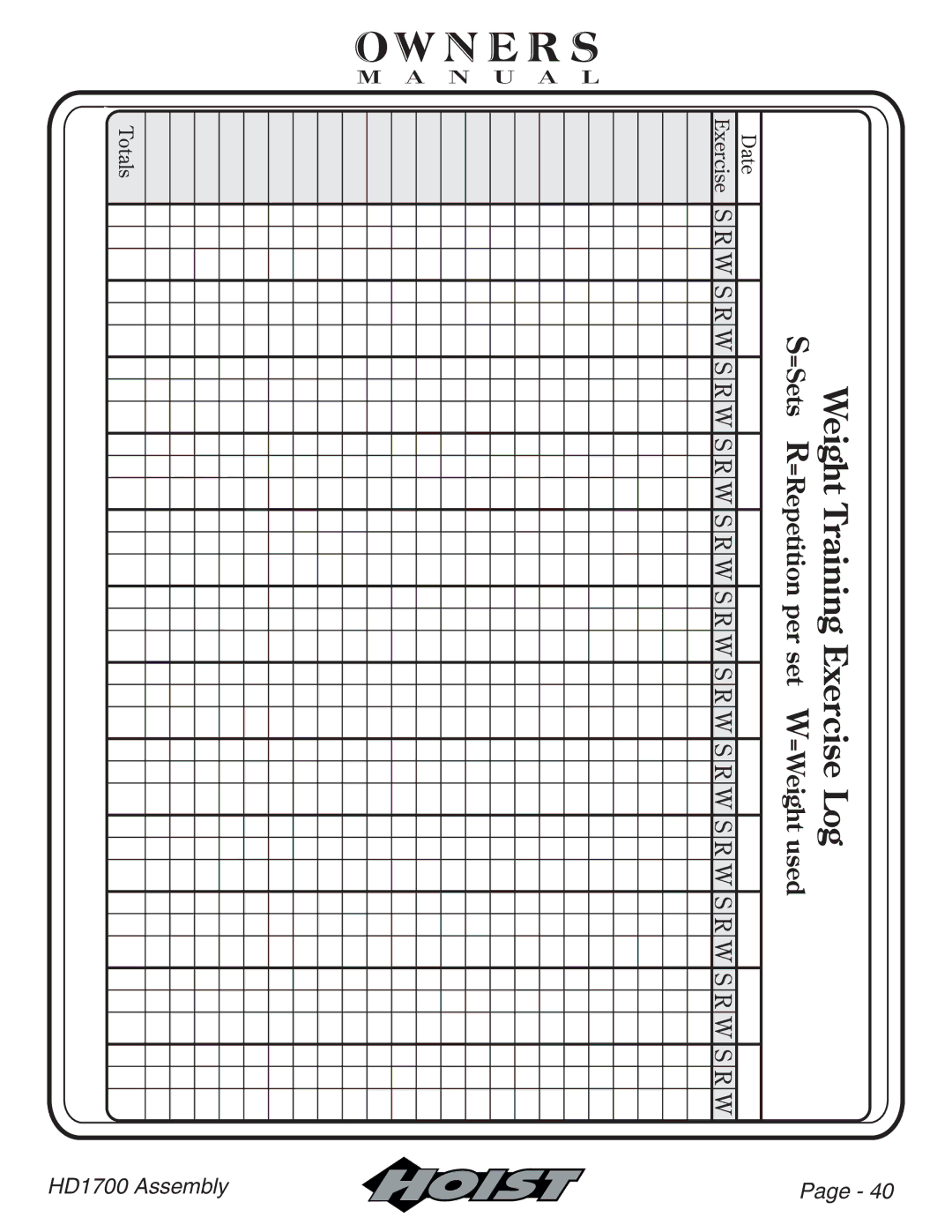 Hoist Fitness HD1700 owner manual Weight Training Exercise Log 