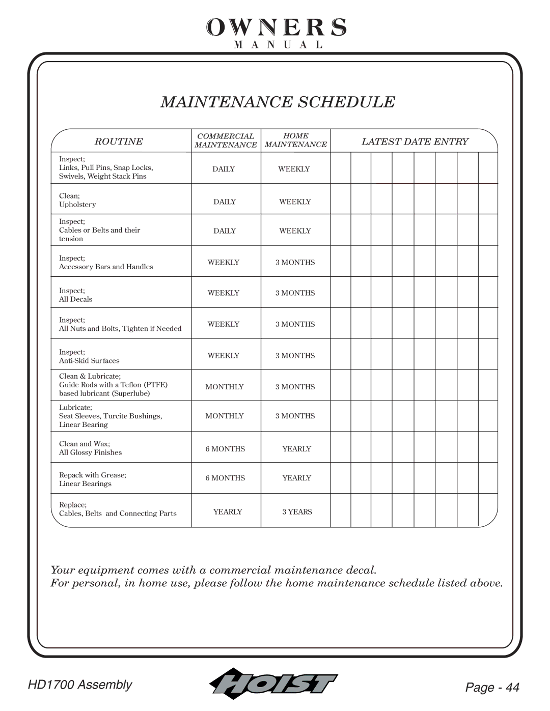 Hoist Fitness HD1700 owner manual Maintenance Schedule 