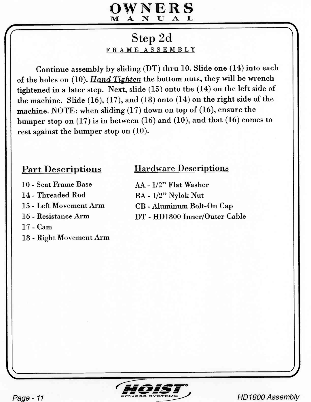 Hoist Fitness HD1800 manual 