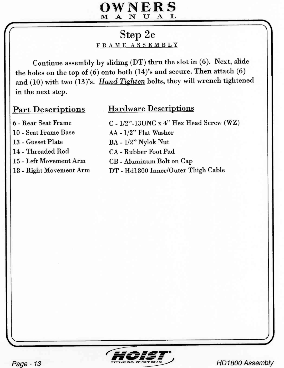 Hoist Fitness HD1800 manual 