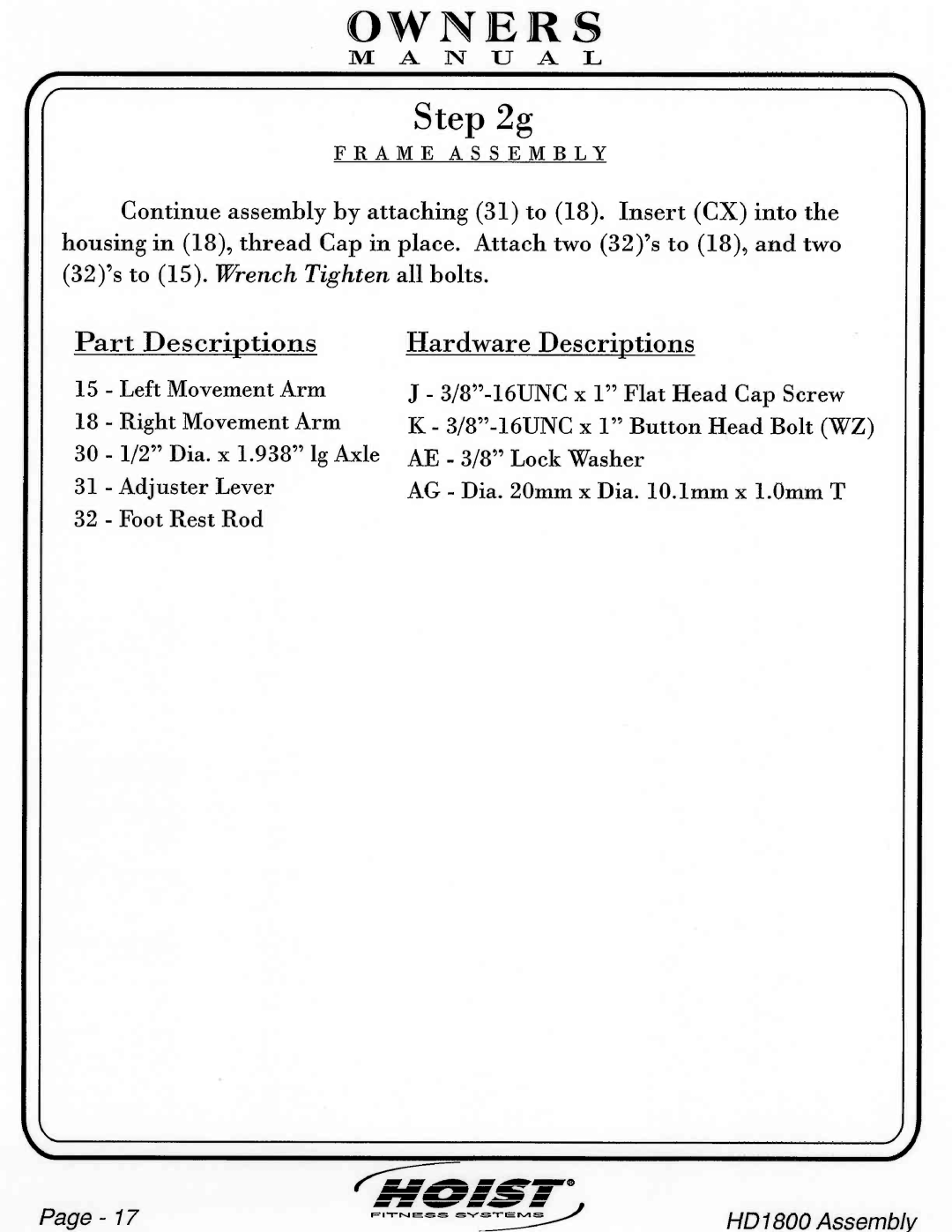 Hoist Fitness HD1800 manual 