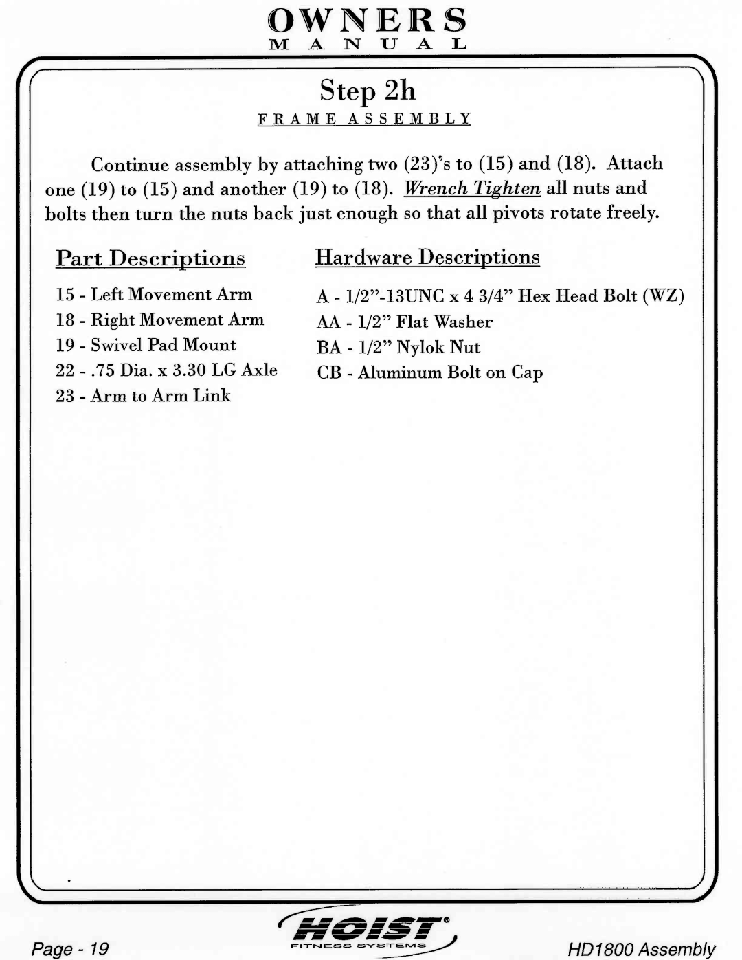 Hoist Fitness HD1800 manual 