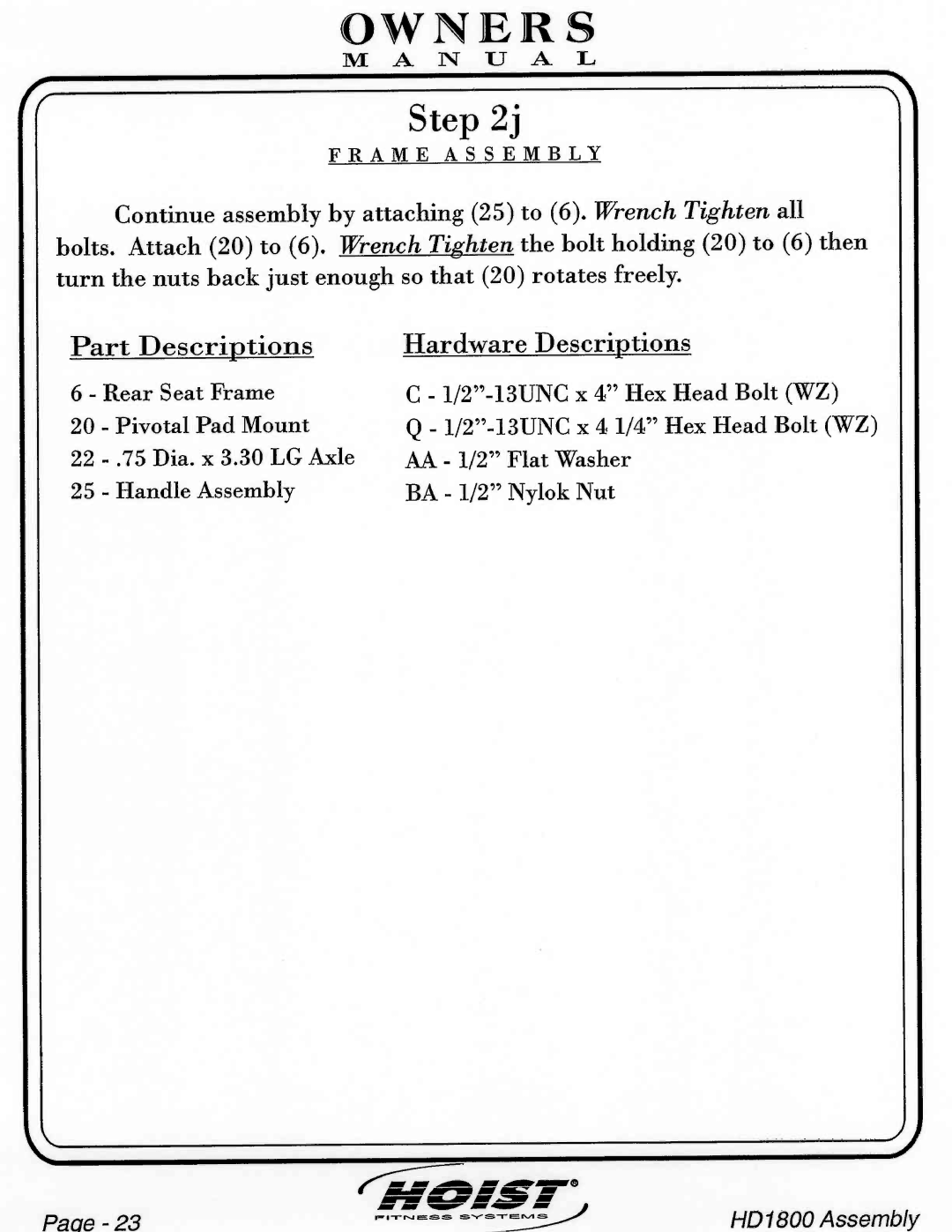 Hoist Fitness HD1800 manual 