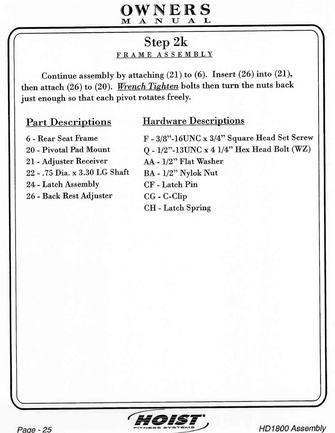 Hoist Fitness HD1800 manual 