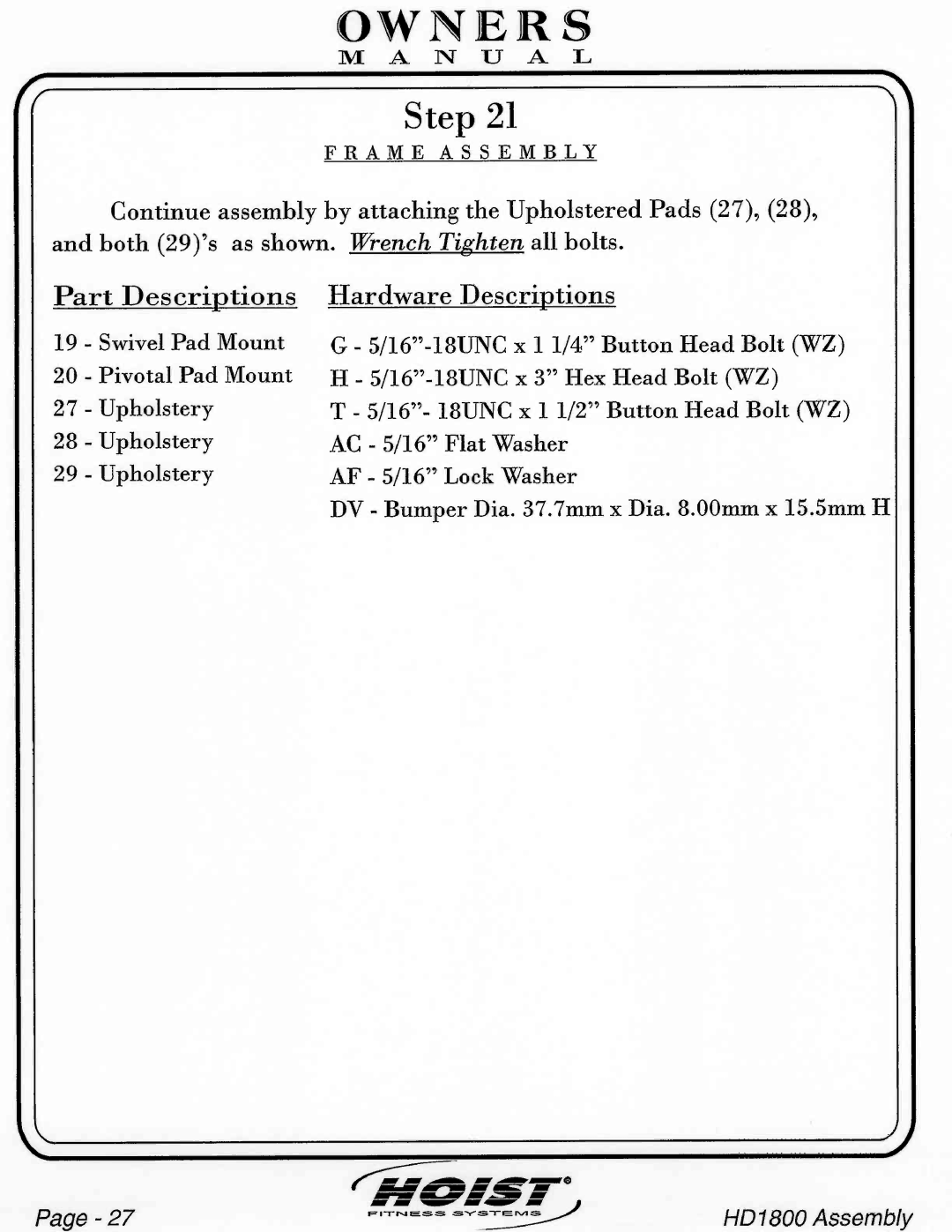 Hoist Fitness HD1800 manual 