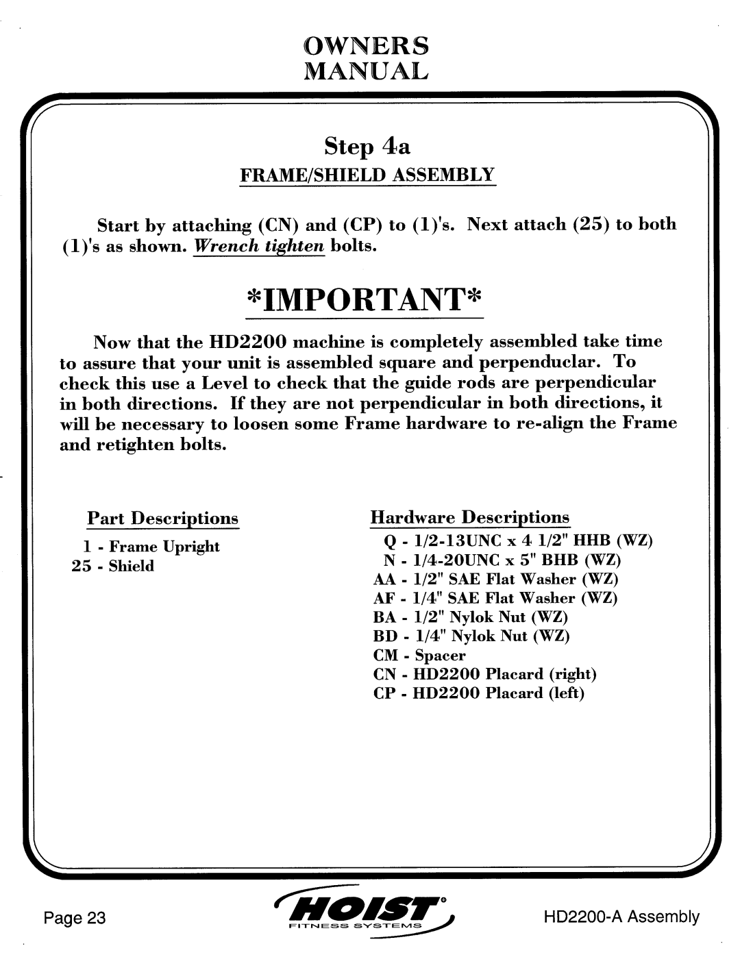 Hoist Fitness HD2200-A manual 