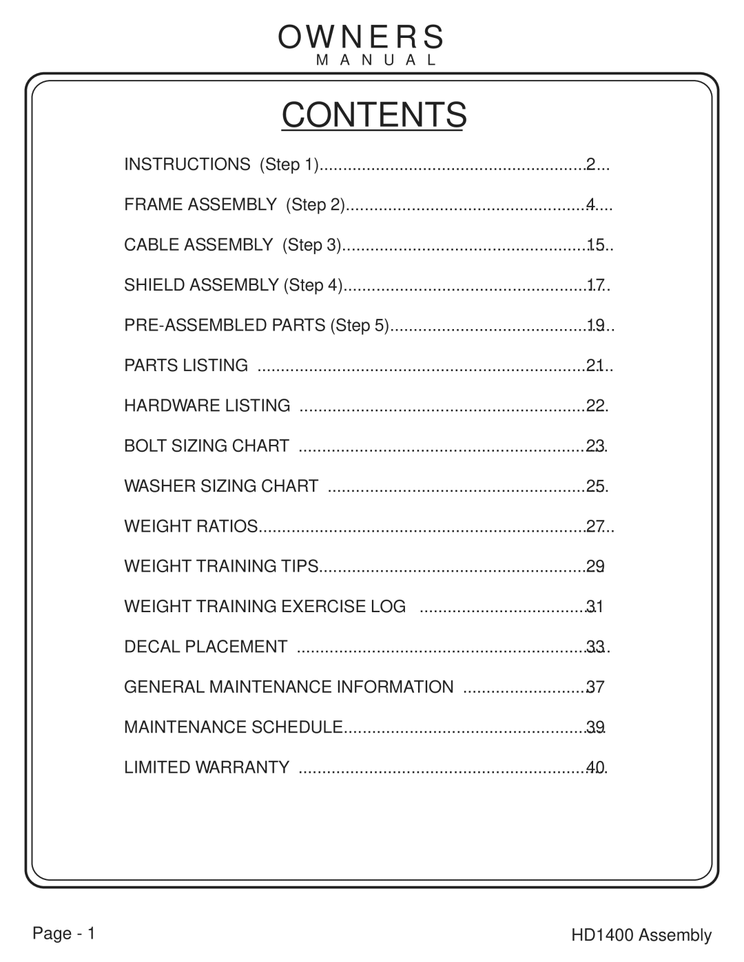 Hoist Fitness HDI400 owner manual Contents 