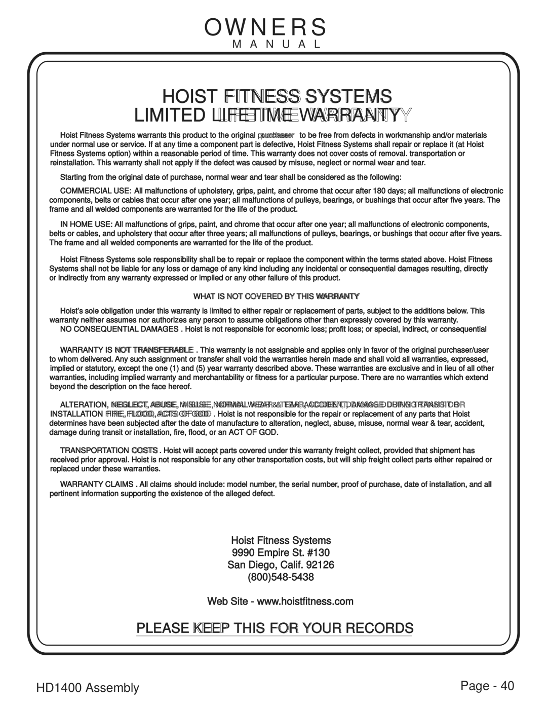 Hoist Fitness HDI400 owner manual Hoist Fitness Systems Limited Lifetime Warranty 