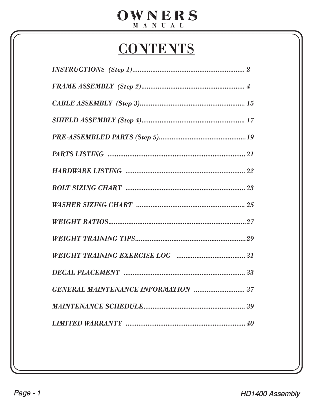 Hoist Fitness HDI400 owner manual Contents, Owners, Weight Training Exercise Log, General Maintenance Information, Page 