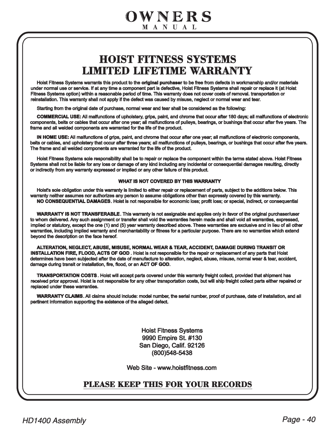 Hoist Fitness HDI400 Owners, Hoist Fitness Systems Limited Lifetime Warranty, HD1400 Assembly, Page, M A N U A L 