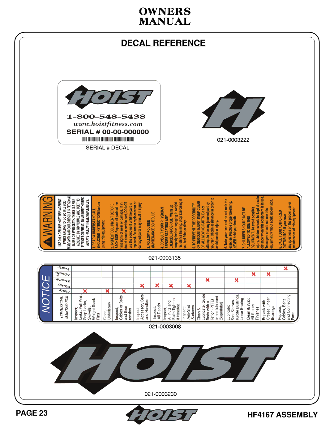 Hoist Fitness HF4167 owner manual Decal Reference 