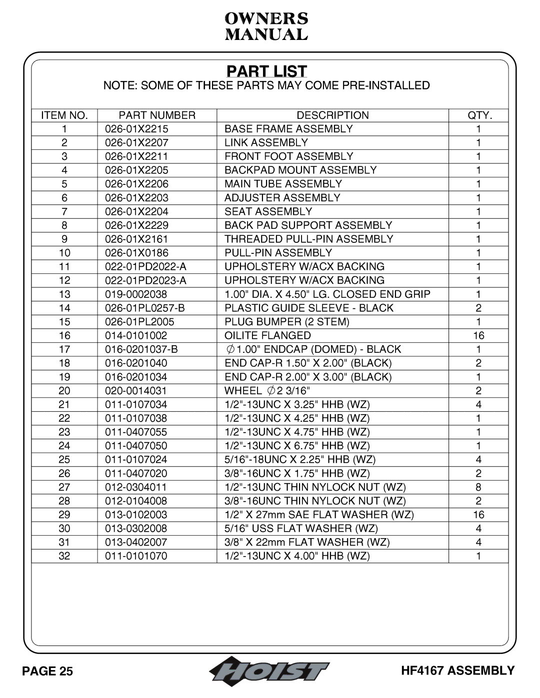 Hoist Fitness HF4167 owner manual Part List 