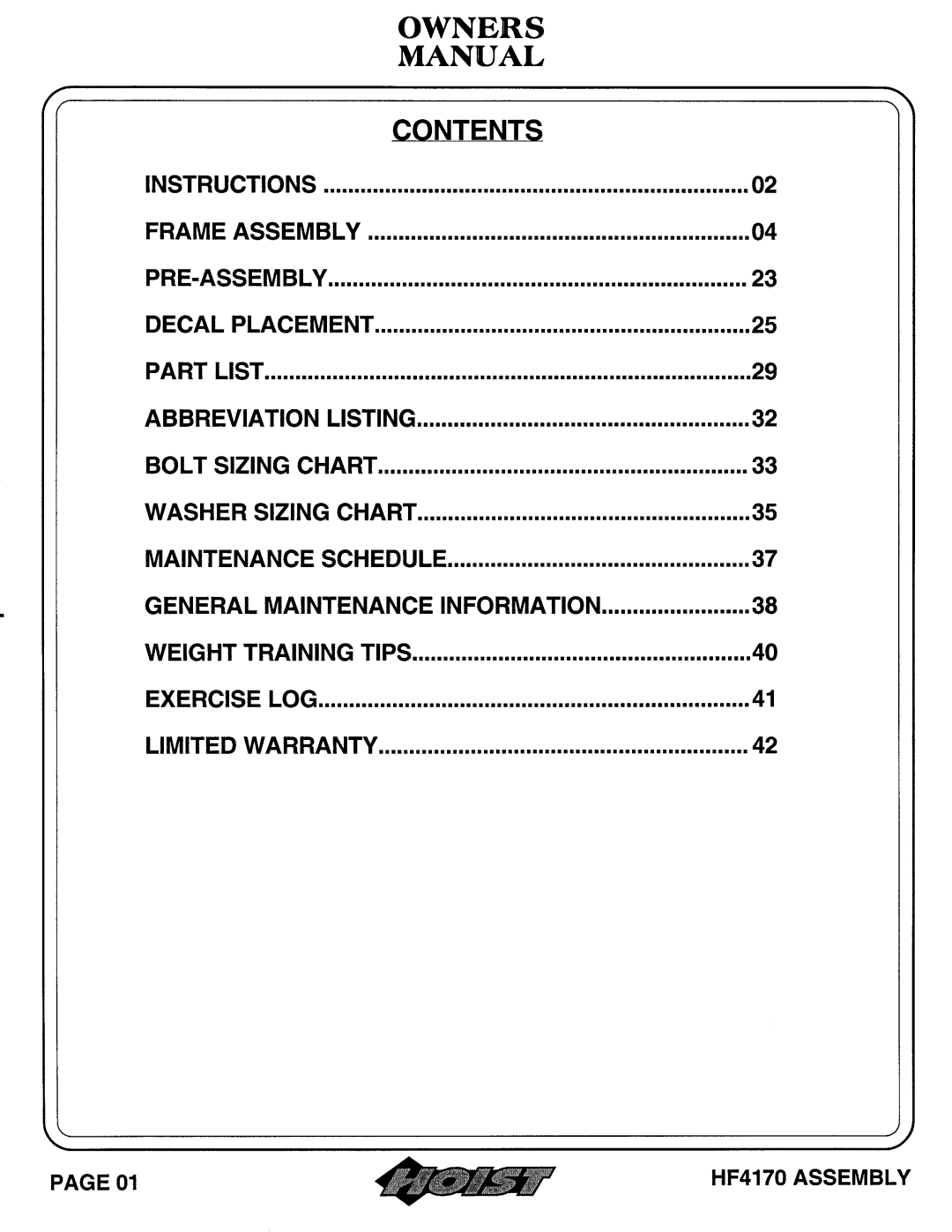 Hoist Fitness HF4170 owner manual 