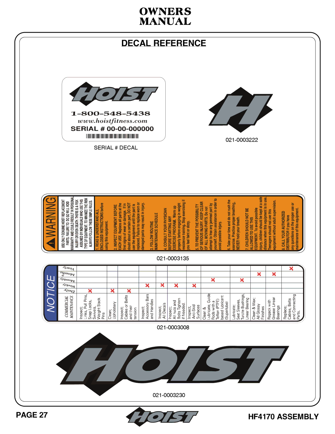 Hoist Fitness HF4170 owner manual Decal Reference 