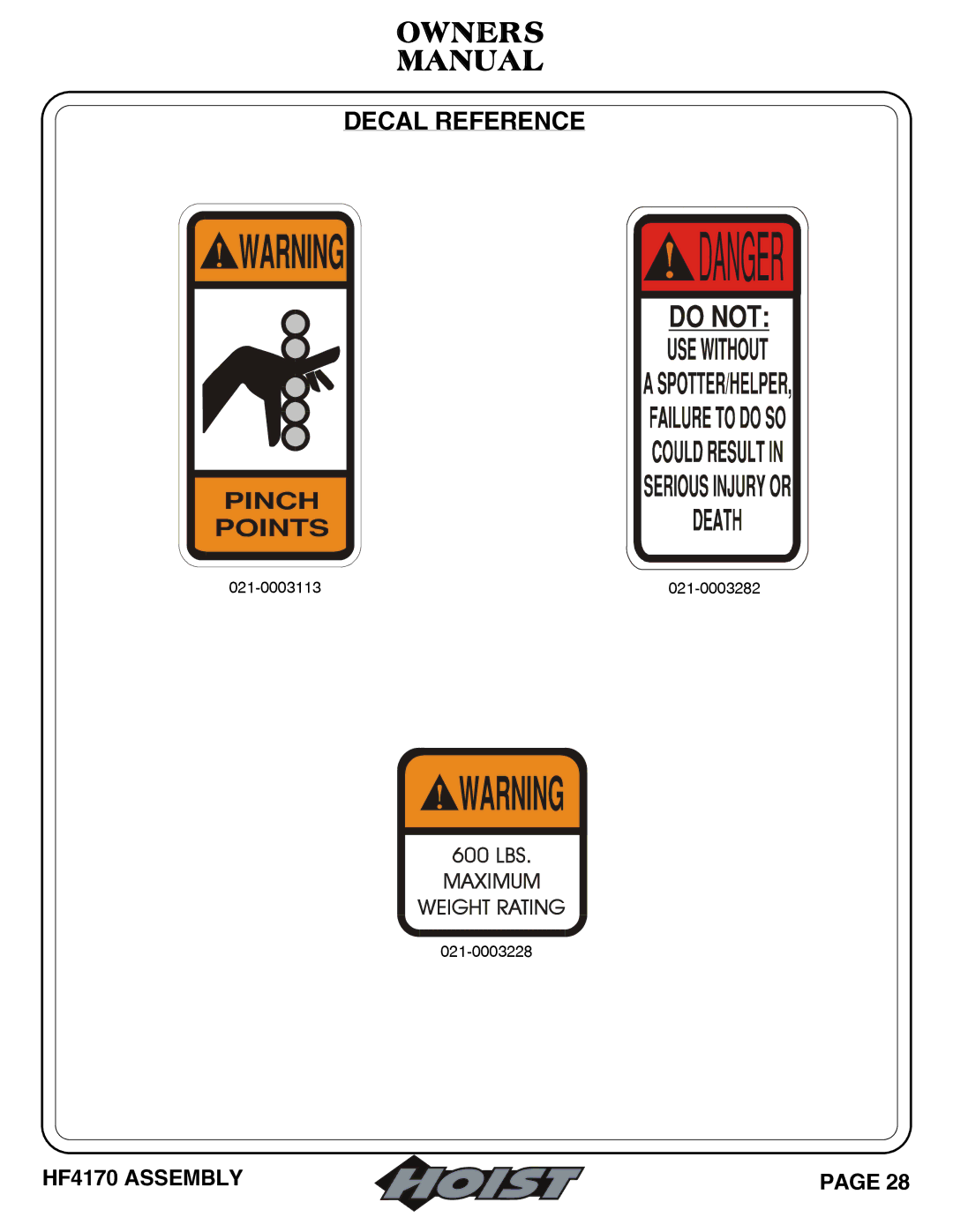 Hoist Fitness HF4170 owner manual Maximum Weight Rating 