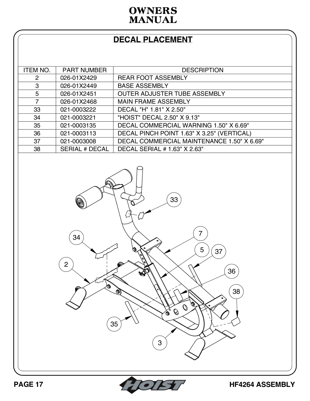 Hoist Fitness HF4264 owner manual Owners Manual 