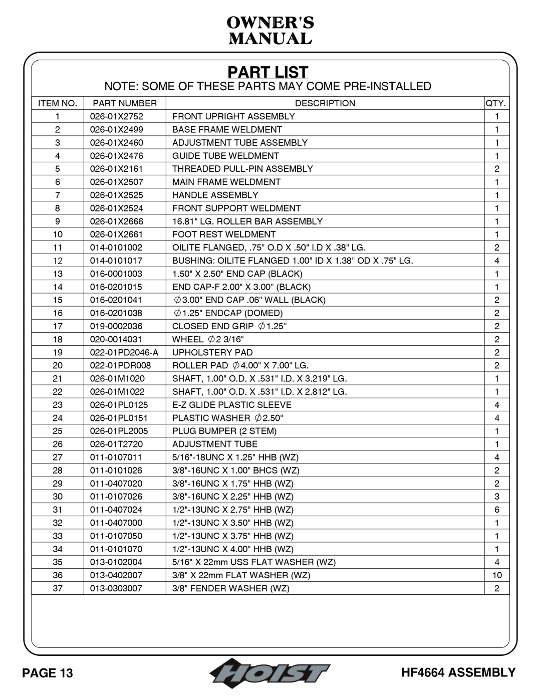 Hoist Fitness HF4664 owner manual Owners Manual Part List, 10 026-01X2661 Foot Rest Weldment 